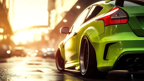 Lime green street racer at golden hour in wet cityscape.