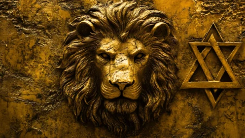 Bronze lion relief head merges with Star of David emblem