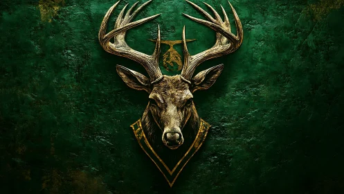 Bronze stag crest hangs centered on textured green wall