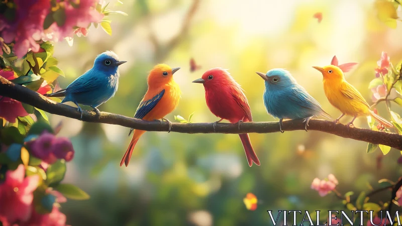 Vibrant Songbirds on a Blossoming Branch in Soft Spring Light.