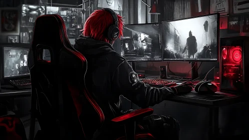 Focused gamer at dual monitors in red lit setup.
