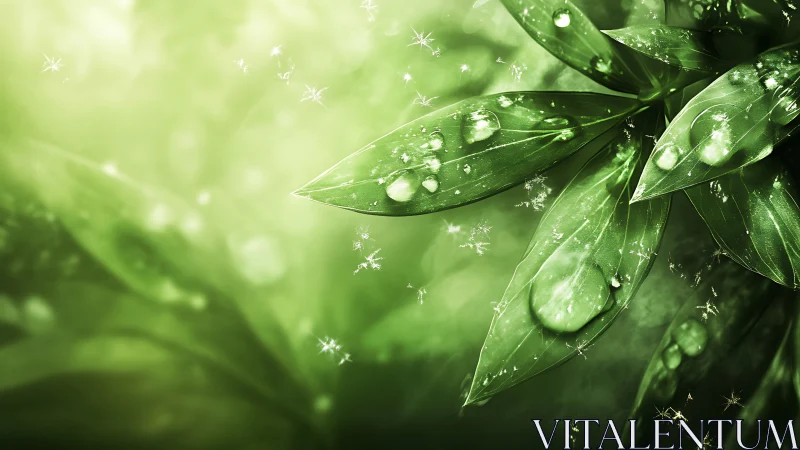 Close-up green leaves with water droplets and light particles.