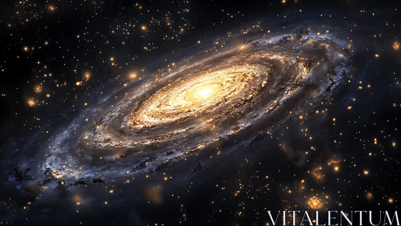 Spiral galaxy with bright core in dense star field in space.