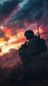 Solitary soldier at dusk beneath blazing war-torn sky.