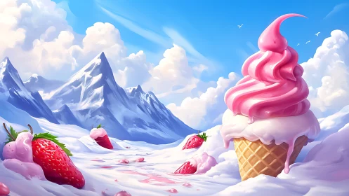 Strawberry ice cream peak rises in a dreamy snowy valley.