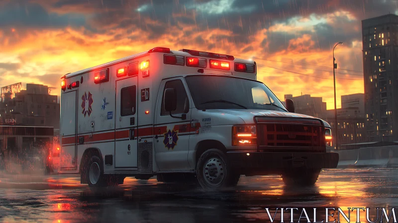 Emergency ambulance on wet city street at sunset in rain.