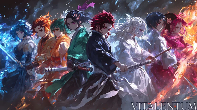 Row of stylized sword fighters stands amid blue and orange flames