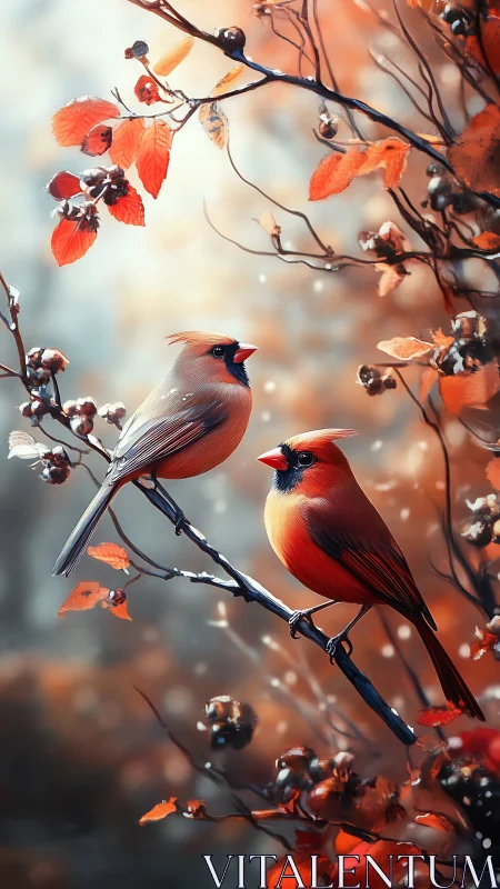Autumn cardinals rest on glowing branches in soft morning light
