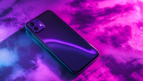 Dual-lens smartphone with dynamic neon cyan and magenta gel lighting