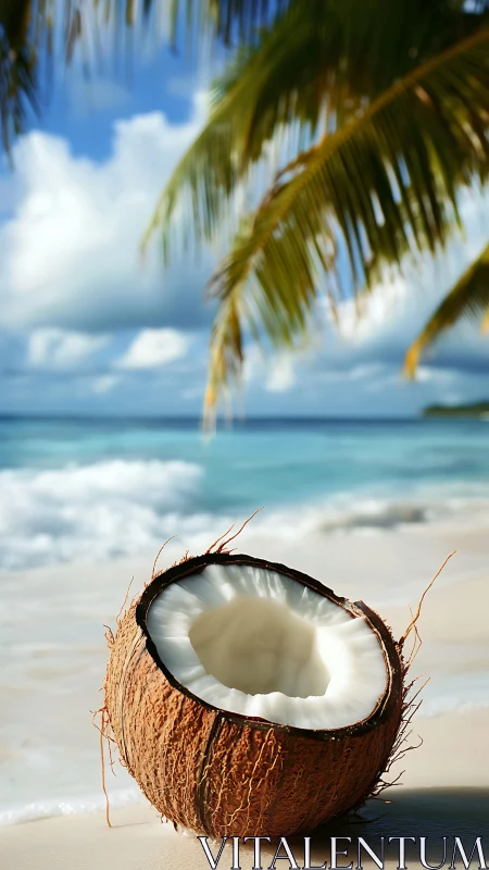Coconut Shell Split Open on Sandy Beach with Tropical Water and Sky