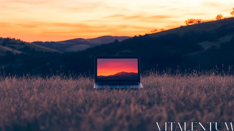 Laptop computer is centered in dry grass field at sunset