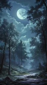 Full Moon Rising Through Ancient Forest Canopy.