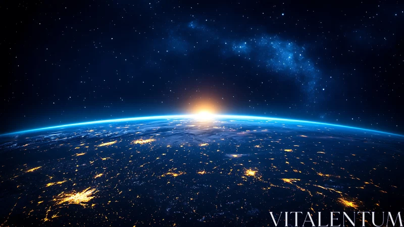 Sunrise crowns Earth horizon with luminous city lights