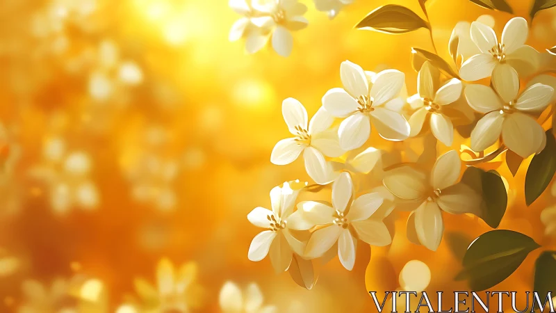 White blossoms against glowing warm golden background.