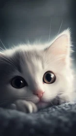 Porcelain White Cat with Luminous Amber Eyes Against Stormy Backdrop.