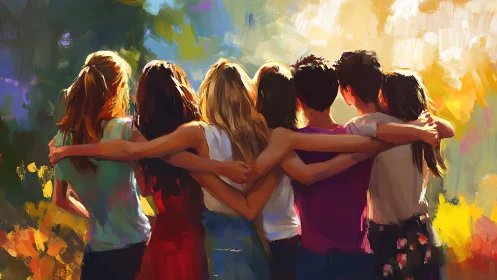 Group of Friends Embracing Outdoors in Vibrant Impressionist Style.
