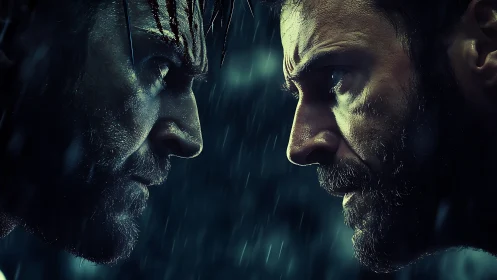 Two Bearded Men Face Off in Rain. Dramatic Confrontation.