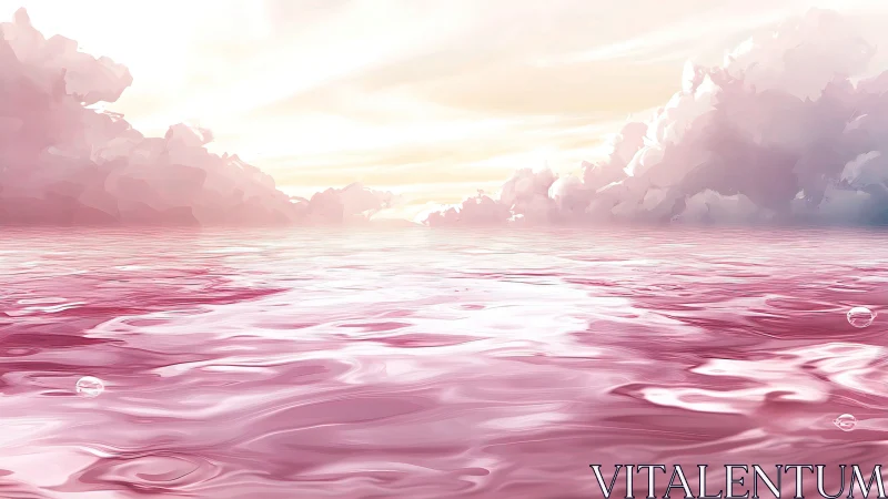 Dreamy pink ocean glows softly beneath radiant pastel skies