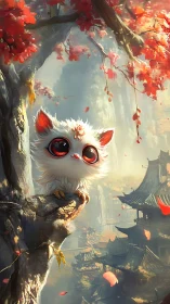 Gentle white forest spirit perched in autumn treetops.