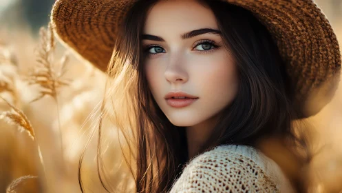 Young woman in straw hat within softly lit field scene.