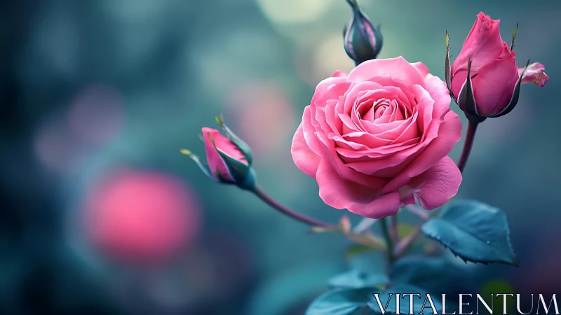 Pink Rose with Buds Against Blurred Teal Background.