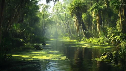 Sunlit Bayou Waterway Through Ancient Trees.