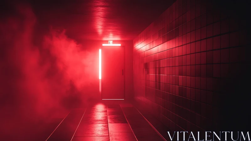 Red emergency exit door glows through dense hallway fog.