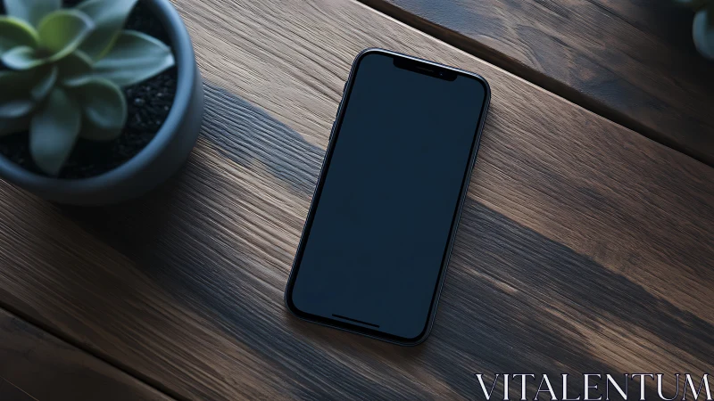 Black Smartphone Rests on Warm Wooden Surface Desk