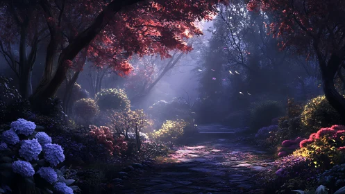 Twilight garden path glows under soft ethereal forest light
