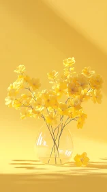 Monochromatic yellow floral arrangement in translucent vase with volumetric lighting
