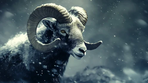 Snow‑dusted mountain ram rendered in moody photoreal style
