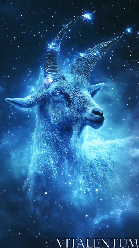 Stellar blue goat portrait emerging from luminous cosmos.