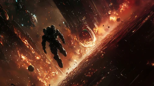 Lone astronaut dives toward a blazing cosmic vortex of fire.
