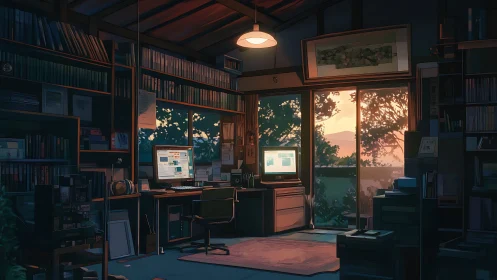 Digital painting of sunset-lit studio workspace interior design.