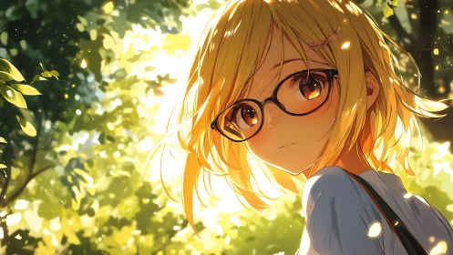 Girl with glasses in backlit forest environment illustration.