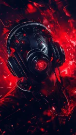 Cybernetic gamer portrait glows in intense red backlight