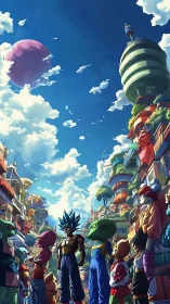 Vertically framed alien avenue with cel-shaded warriors assembled.