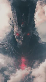 Dark armored deity with glowing red eyes in heavy mist.