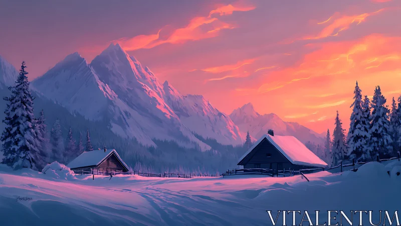 Snowy mountain cabins under vivid pink winter sunset.