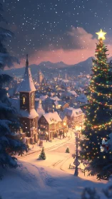 Snow covered village street shows decorated Christmas tree