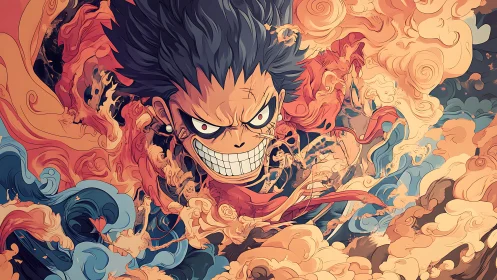 Storm-smiled warrior swirling through fire and ocean fury.