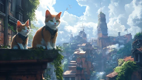 Orange-White Cats Survey Futuristic City from Rooftop Perch.