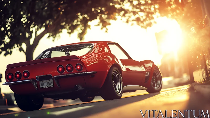 Low-angle study of a red classic sports car in sunset backlight