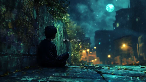 Solitary child in rain-soaked alley observing distant nocturnal city