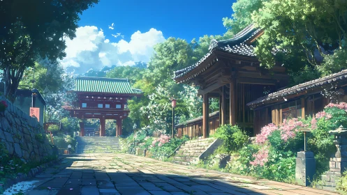 Digital painting of sunlit Japanese shrine promenade architecture.
