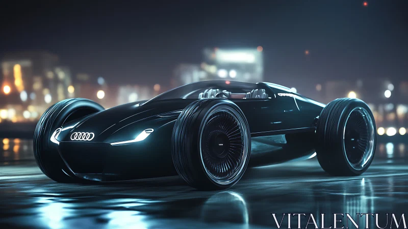 Sleek electric concept car under neon city night rain.