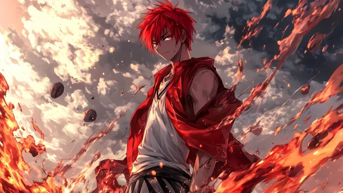 Crimson stormwalker bends molten fire beneath burning skies