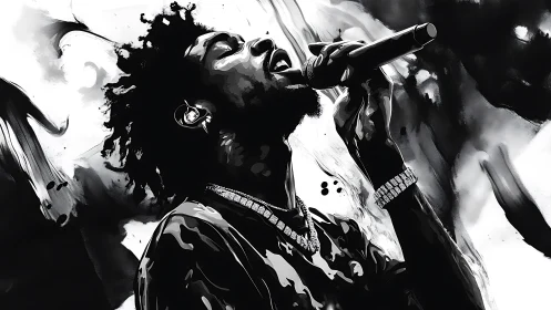 Monochrome digital portrait of singer holding microphone.