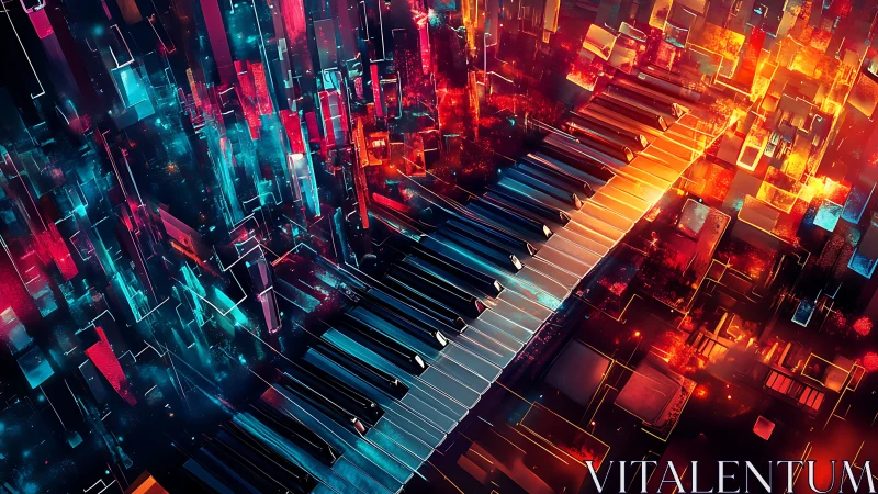 Electric piano pathway glows through a vivid neon dreamscape