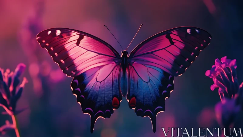 Neon swallowtail butterfly glows over dreamy violets.